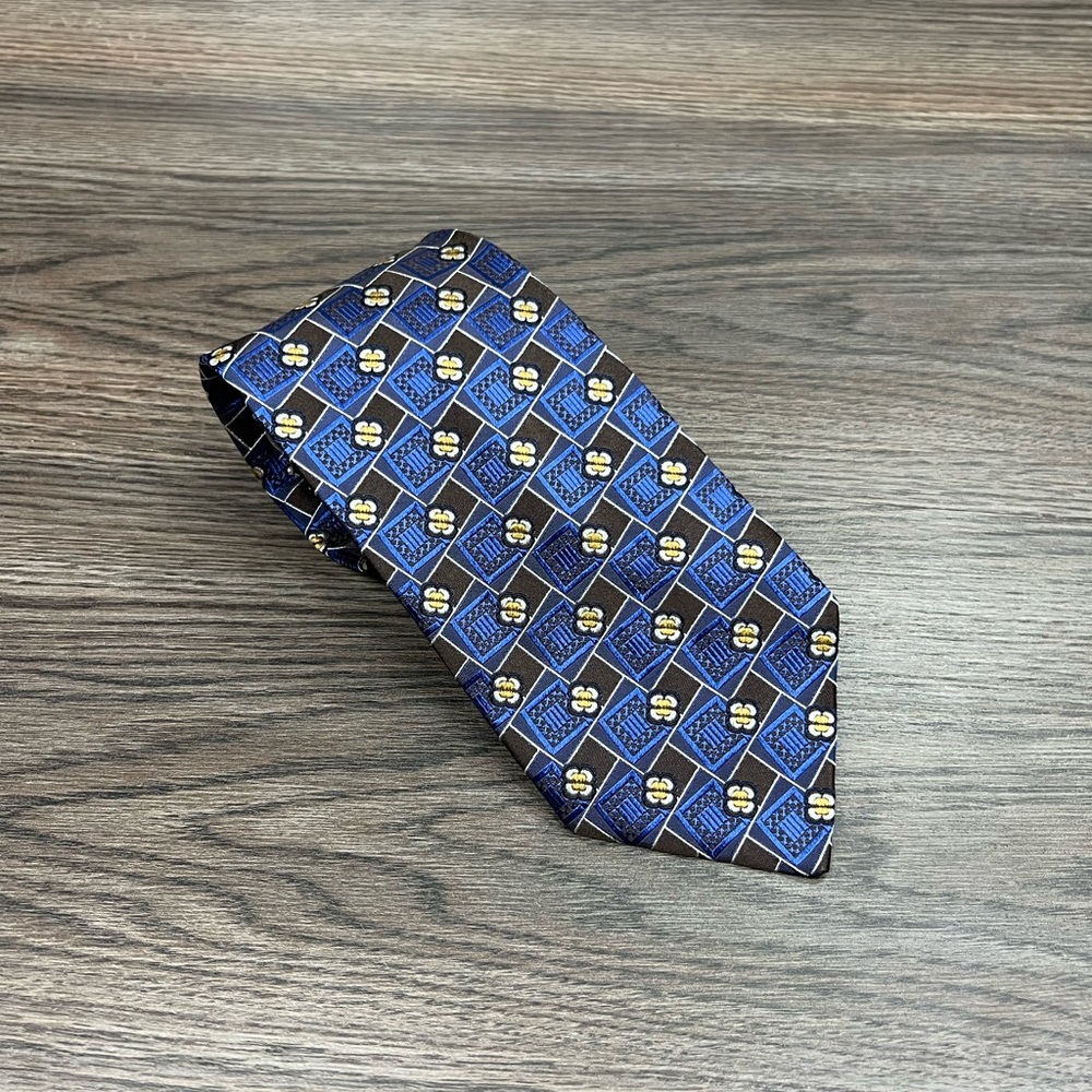 Biella Brown, Blue, Gold & White Flower Pattern Silk Tie